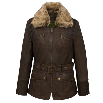 Women's dark brown leather jacket with a belt, snap-button placket, and a fur-lined collar.
