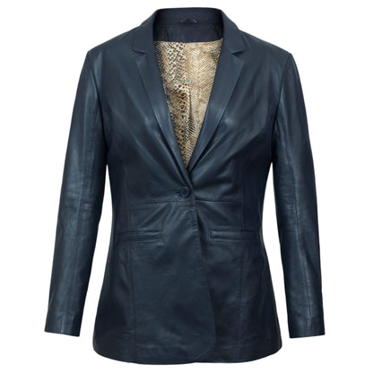 A navy blue leather blazer with a single button closure, tailored fit, and a patterned interior lining.