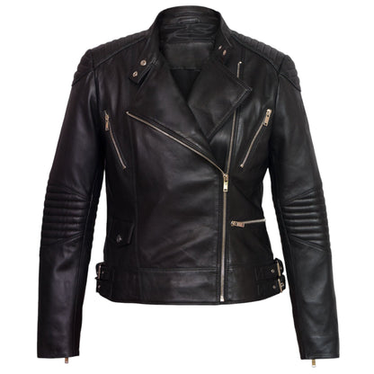 A women's black leather biker jacket with a mandarin collar, zippered front, and padded shoulder areas.