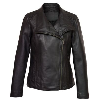 A women's black leather motorcycle jacket with a mandarin collar, zippered front, and straight cuffs.