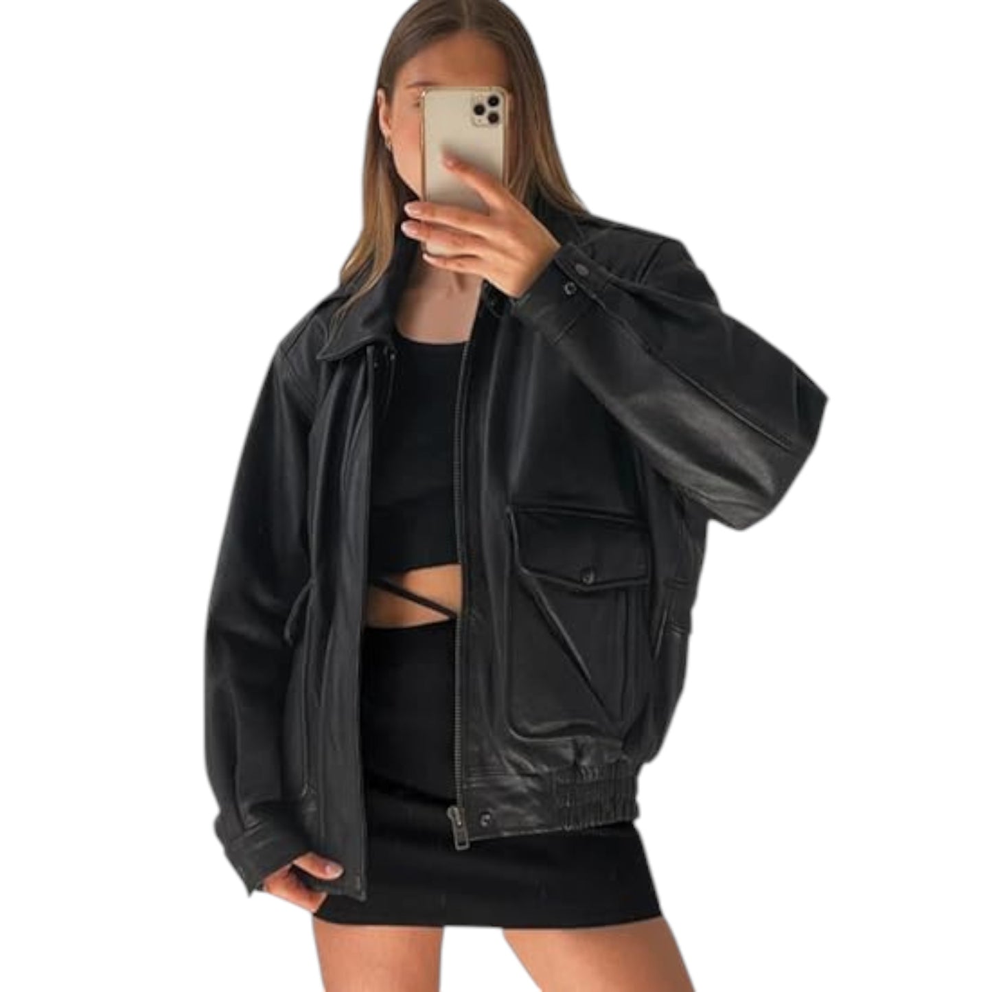 A woman wearing a black oversized retro style leather bomber jacket with a classic collar, front zip with snap-button placket, and two front pockets.