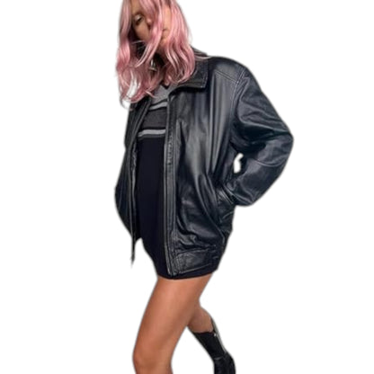 Retro Oversized 90s Leather Jacket for Women