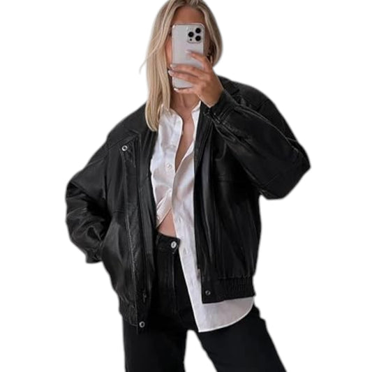 Classic Women Vintage Leather Bomber Oversize Jacket