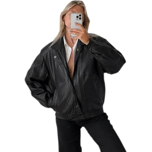 Classic Women Vintage Leather Bomber Oversize Jacket