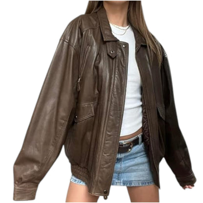 Genuine Brown Leather Vintage Bomber Jacket