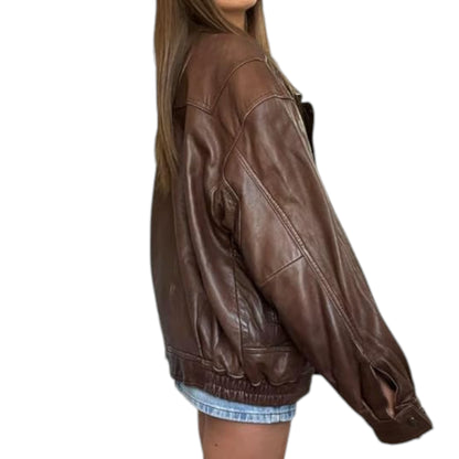Oversized 90s Retro Leather Bomber – Brown Leather