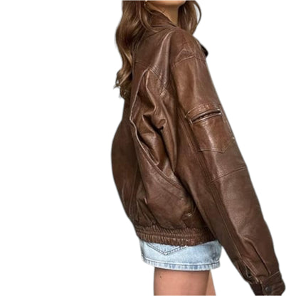 Classic Women's Vintage Brown Leather Bomber
