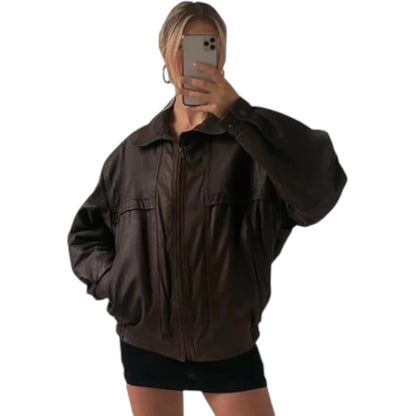 Women's Oversized Retro Brown Leather Jacket Vintage-Inspired Fashion