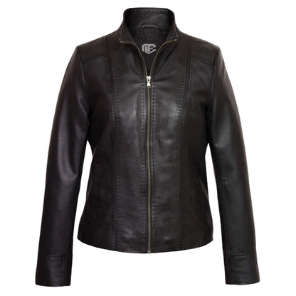 A classic black leather jacket for women with a stand-up collar, front zipper closure, and ribbed knit cuffs.