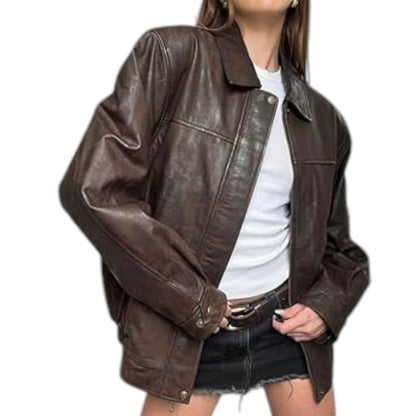 Premium Retro 90s Oversized Brown Leather Bomber Jacket