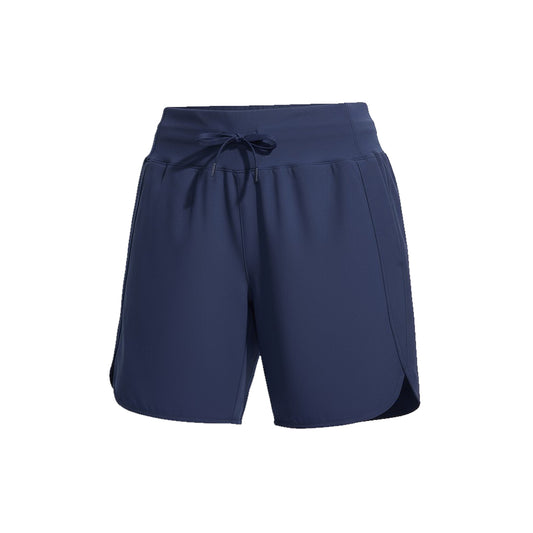 Navy blue shorts with a drawstring on a white background