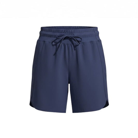Navy blue shorts with drawstring on a white background