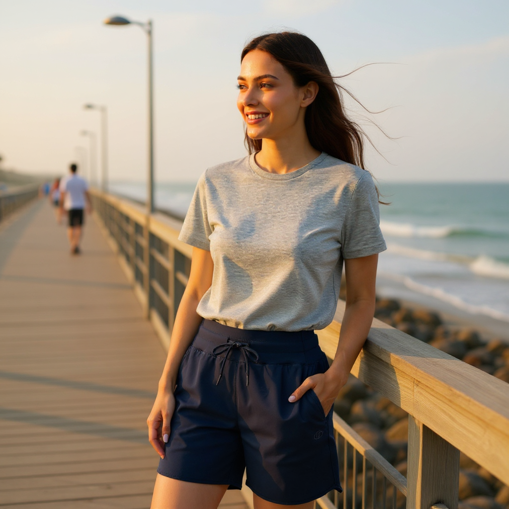 Woman standing on a wooden boardwalk by the ocean, smiling.