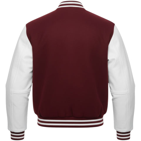 Wine and white varsity jacket on a white background