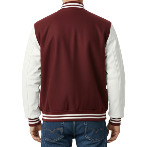 Wine and white varsity jacket worn by a person on a white background