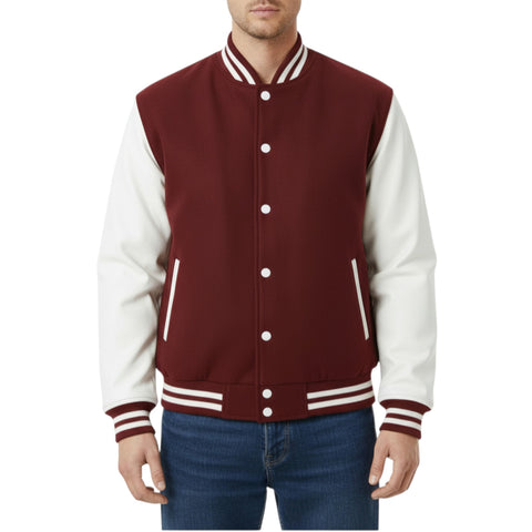 Wine and white varsity jacket worn by a person on a white background