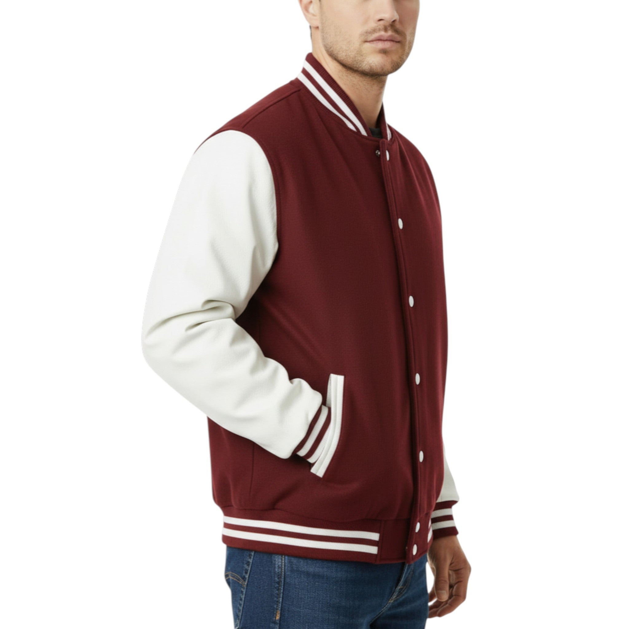 Man wearing a Wine and white varsity jacket on a white background