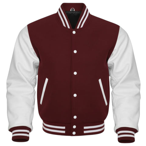Wine and white varsity jacket on a white background