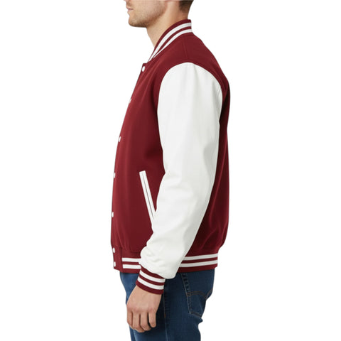 Wine and white varsity jacket worn by a person on a white background