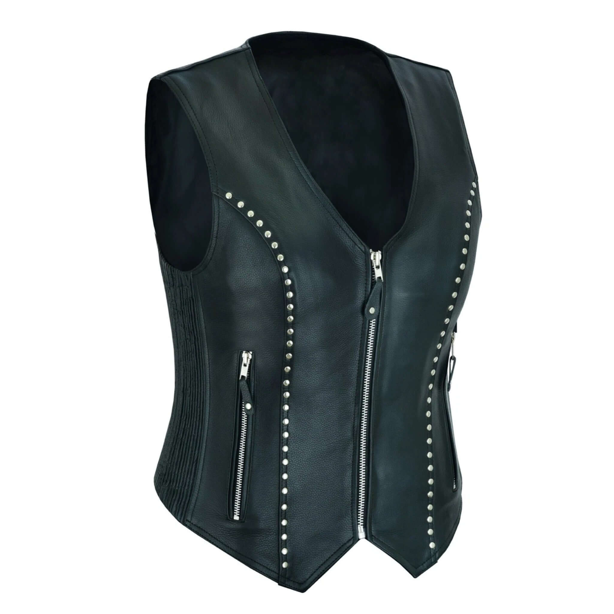 Women Motorcycle Leather Vest Cowhide with Gun Pockets