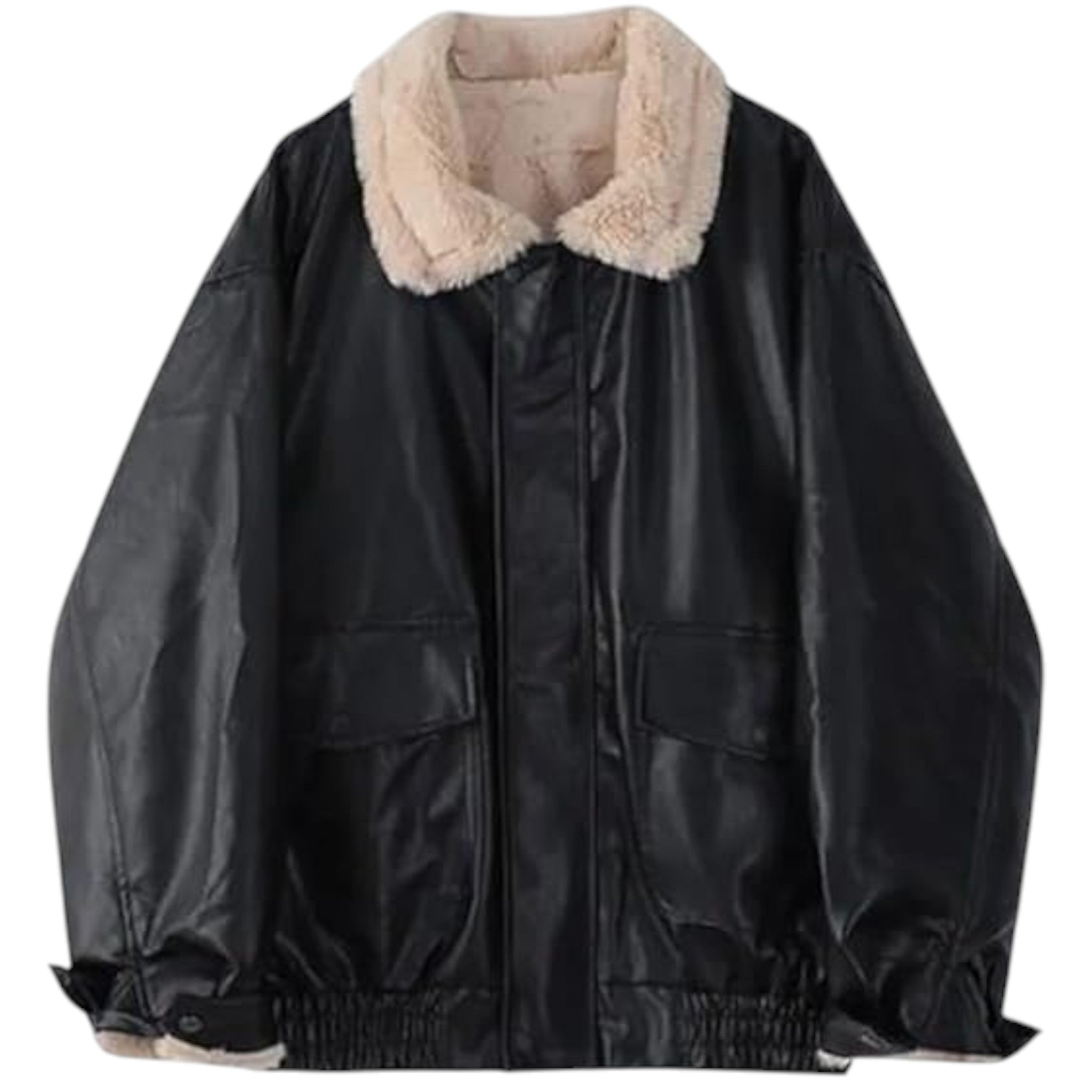 Black leather jacket with beige fur collar on a white background