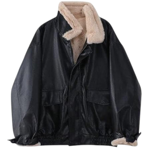 Black jacket with beige sherpa lining on a white background