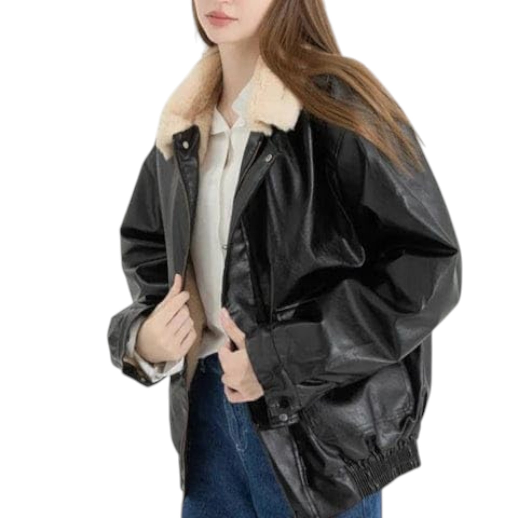 Person wearing a black leather jacket with fur collar on a white background
