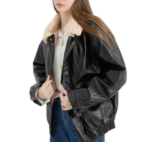 Person wearing a black leather jacket with fur collar on a white background