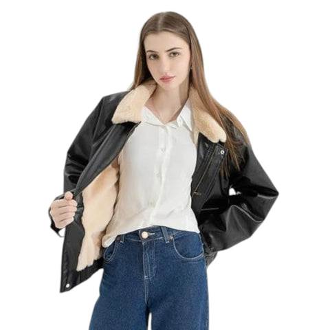 Woman wearing a black leather jacket with beige fur lining on a white background