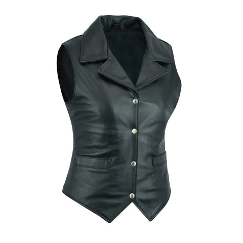 Women Top-Grain Leather Motorcycle Vest Classic Biker