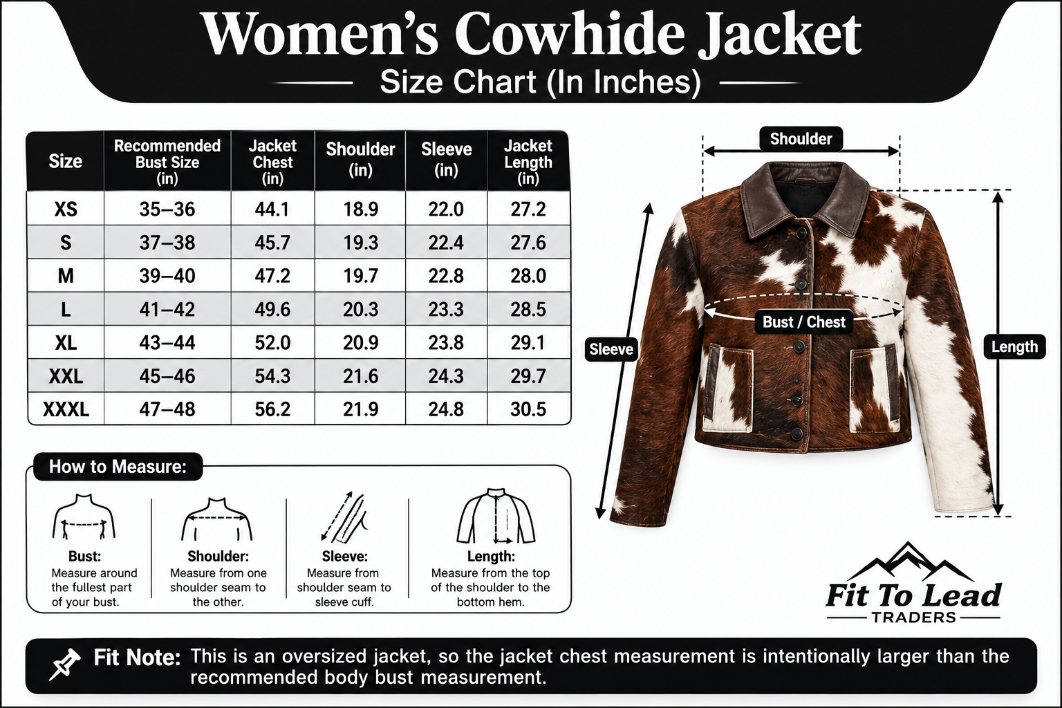 A size chart graphic for a Women's Cowhide Jacket by Fit To Lead Traders, showing a size table from XS to XXXL with recommended bust size, jacket chest in inches, sleeve length in inches, and jacket length in inches, alongside a labeled cowhide jacket illustration and measurement guides.