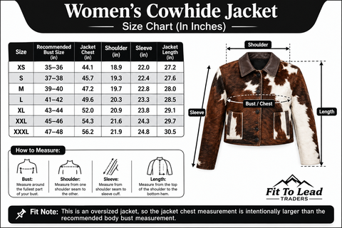 A size chart graphic for a Women's Cowhide Jacket by Fit To Lead Traders, showing a size table from XS to XXXL with recommended bust size, jacket chest in inches, sleeve length in inches, and jacket length in inches, alongside a labeled cowhide jacket illustration and measurement guides.