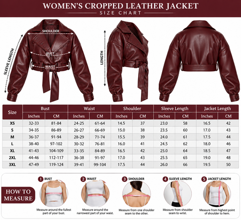 Women’s Burgundy Cropped Genuine Leather Jacket with Belt