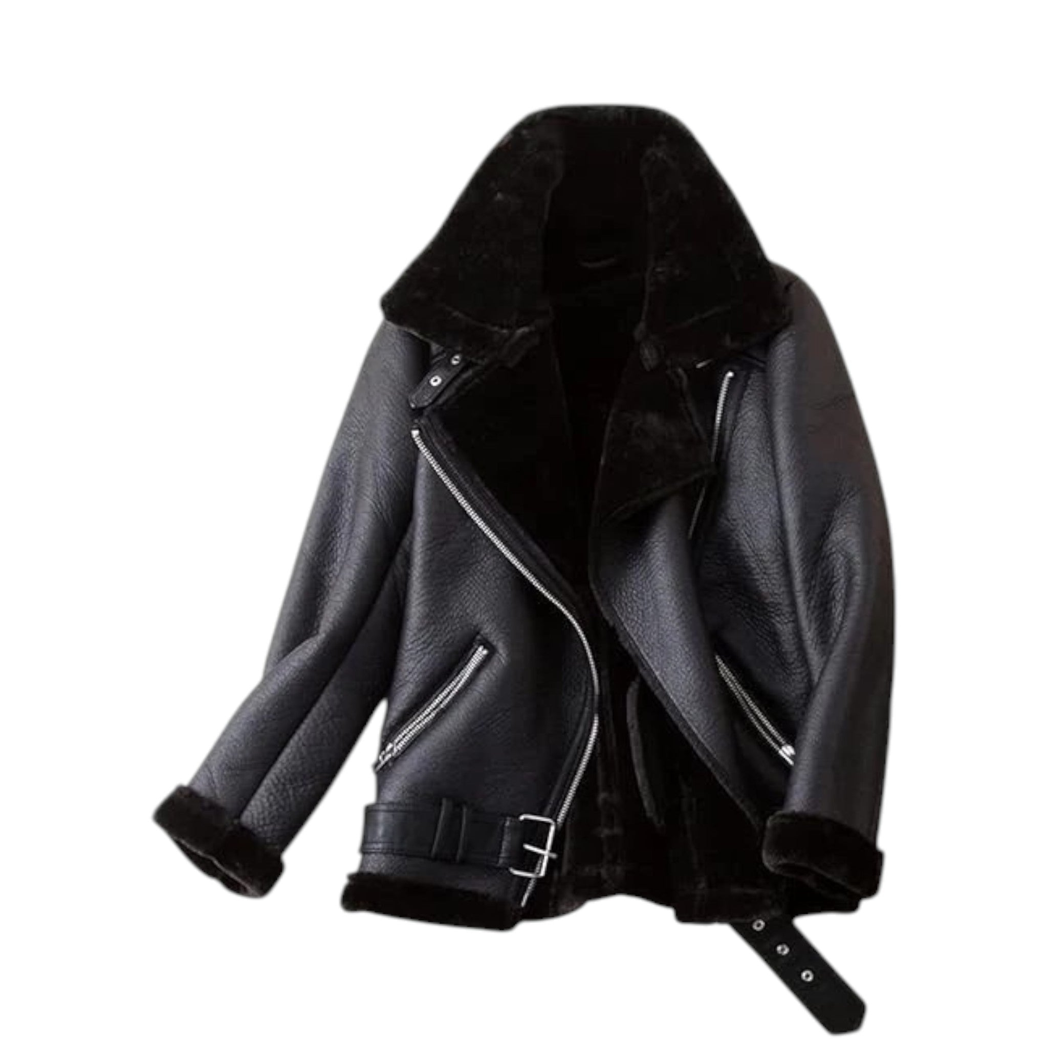 Black leather jacket with fur lining on a white background