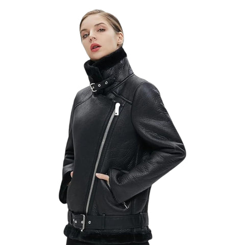 Woman wearing a black leather jacket on a white background