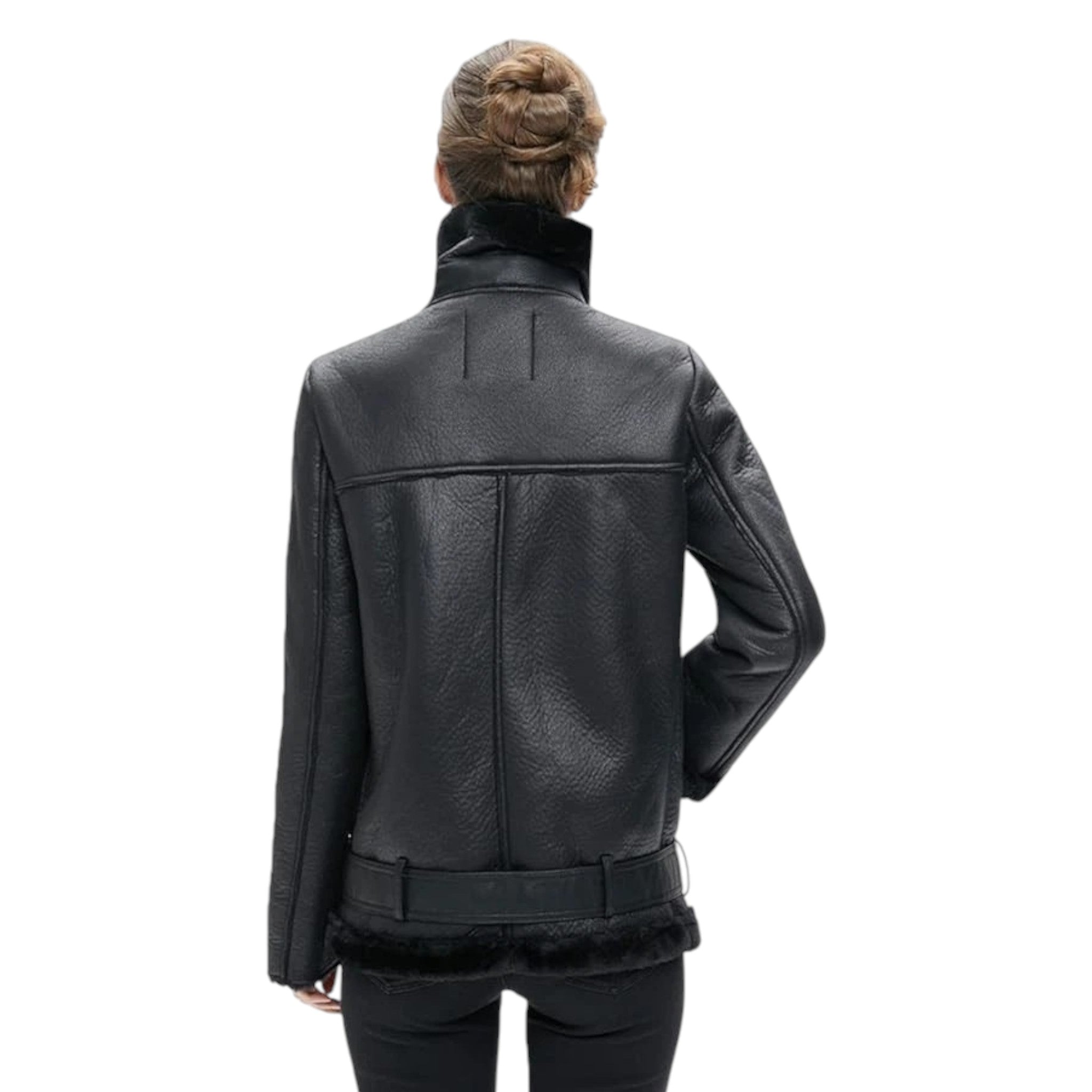Black leather jacket worn by a person on a white background