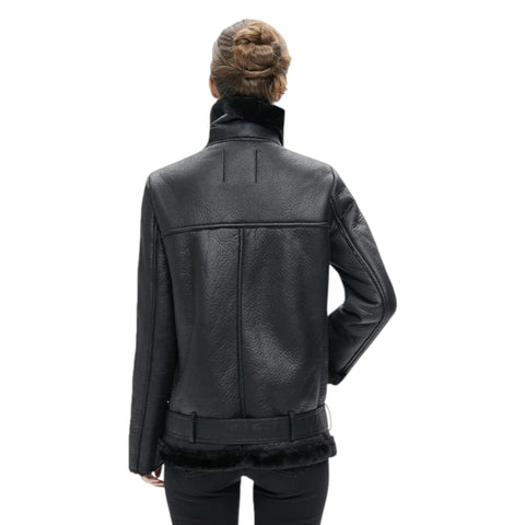 Black leather jacket worn by a person on a white background