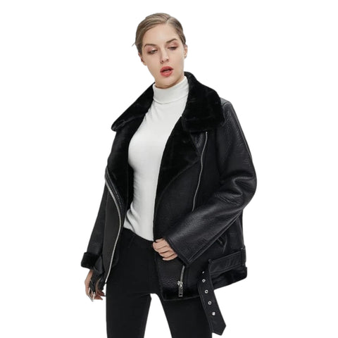 Woman wearing a black leather jacket on a white background