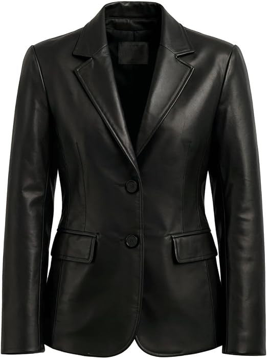 Women’s Black Leather Blazer – Classic Two-Button Tailored Jacket
