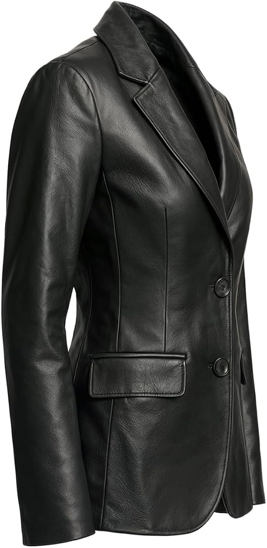 Women’s Black Leather Blazer – Classic Two-Button Tailored Jacket