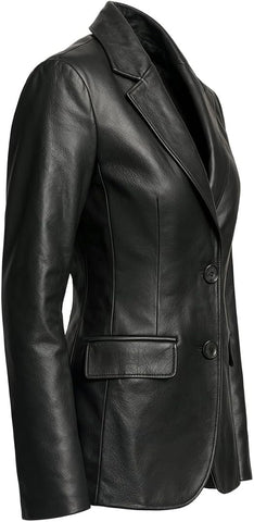 Women’s Black Leather Blazer – Classic Two-Button Tailored Jacket