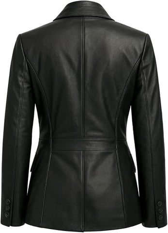 Women’s Black Leather Blazer – Classic Two-Button Tailored Jacket