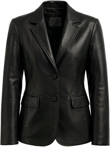 Women’s Black Leather Blazer – Classic Two-Button Tailored Jacket
