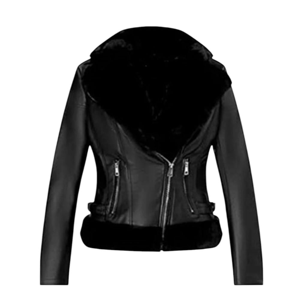 Black leather jacket with fur hood on a white background
