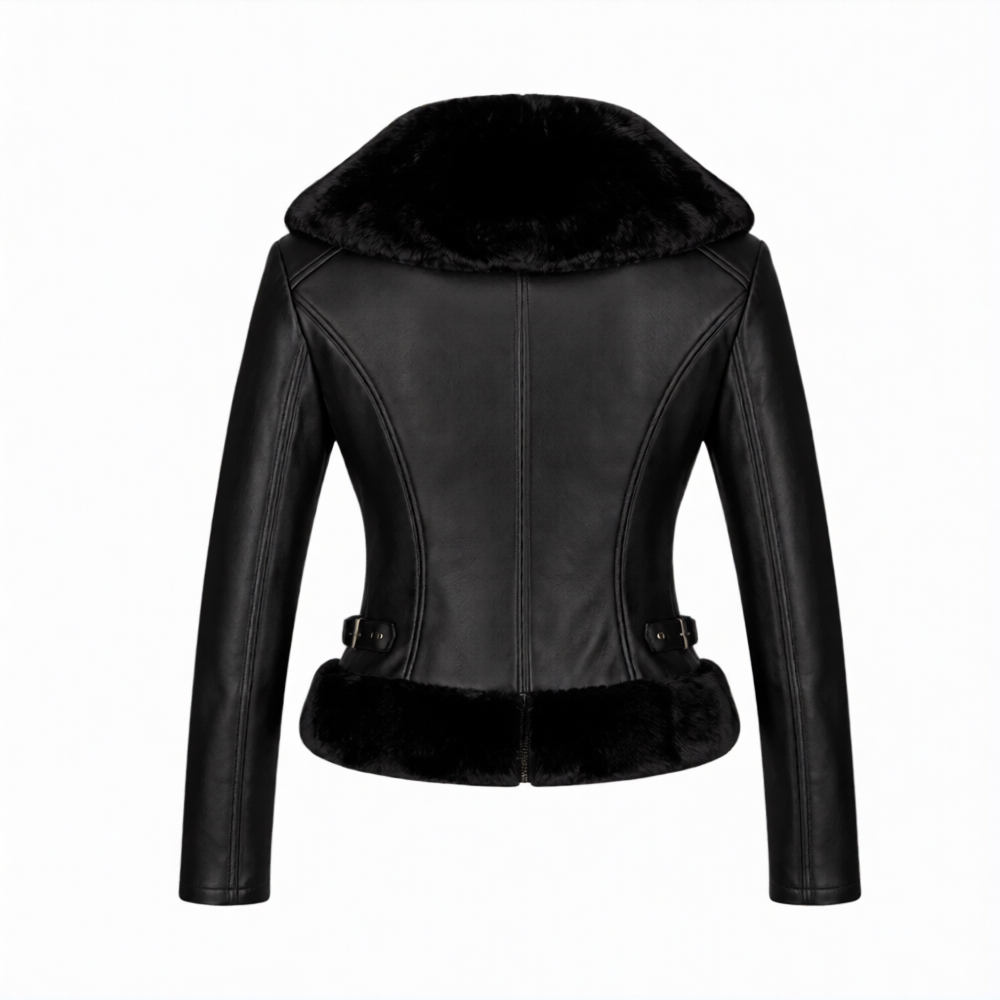 Black leather jacket with fur trim on a white background