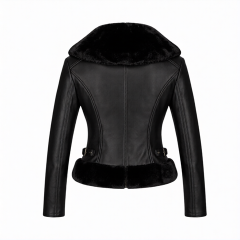 Black leather jacket with fur trim on a white background