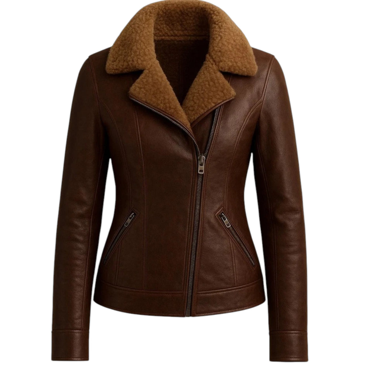 Brown leather jacket with brown fur collar on a white background