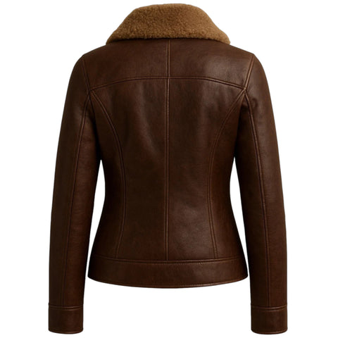 Brown leather jacket with fur collar on a white background