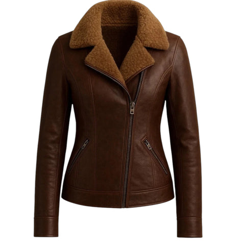 Brown leather jacket with brown fur collar on a white background