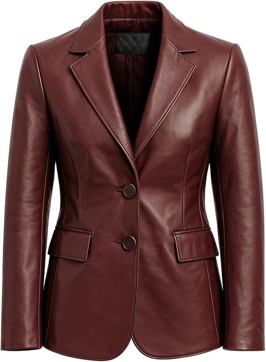 A dark burgundy faux leather blazer jacket with notch lapels, two front buttons, and flap pockets, shown against a plain white background.
